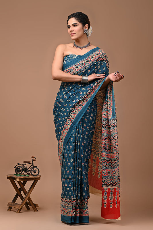 Exclusive Printed Pure Cotton Mulmul Saree With Blouse