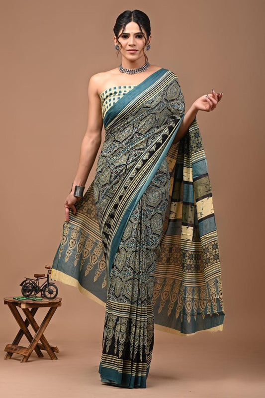 Exclusive Printed Pure Cotton Mulmul Saree With Blouse